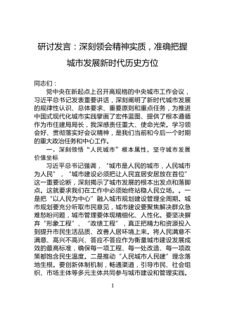 研讨发言：深刻领会精神实质，准确把握城市发展新时代历史方位