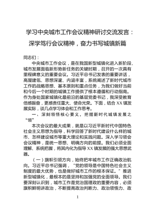 学习中央城市工作会议精神研讨交流发言：深学笃行会议精神，奋力书写城镇新篇
