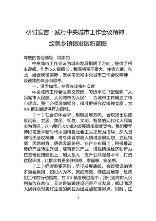 研讨发言：践行中央城市工作会议精神，绘就乡镇镇发展新蓝图