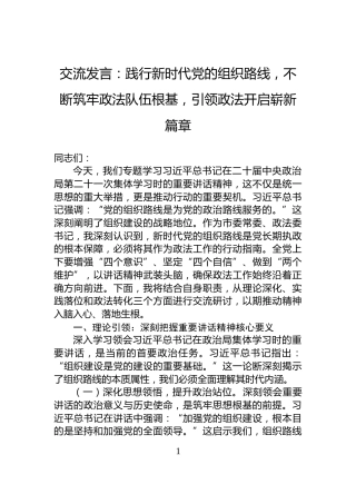 交流发言：践行新时代党的组织路线，不断筑牢政法队伍根基，引领政法开启崭新篇章