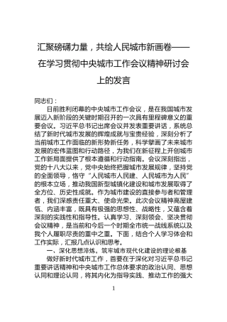 汇聚磅礴力量，共绘人民城市新画卷——在学习贯彻中央城市工作会议精神研讨会上的发言