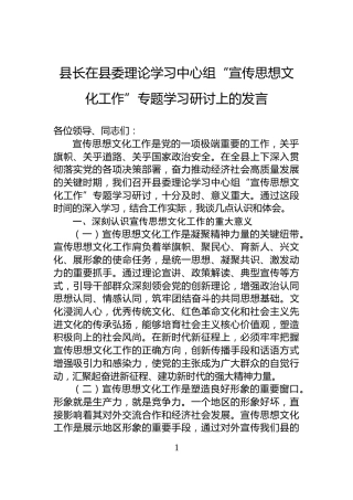 县长在县委理论学习中心组“宣传思想文化工作”专题学习研讨上的发言