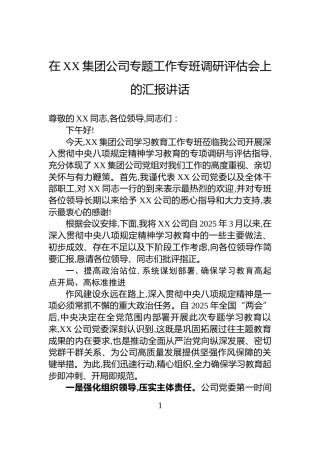 在XX集团公司专题工作专班调研评估会上的汇报讲话