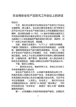 在全局安全生产及防汛工作会议上的讲话