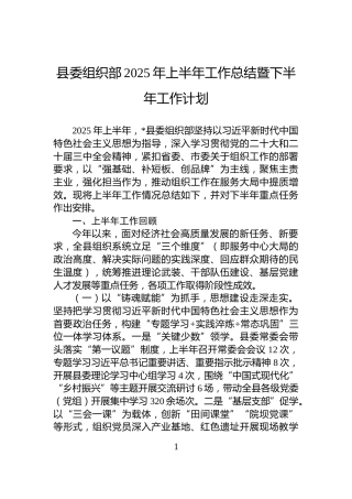 县委组织部2025年上半年工作总结暨下半年工作计划