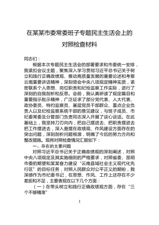 在某某市委常委班子专题民主生活会上的对照检查材料
