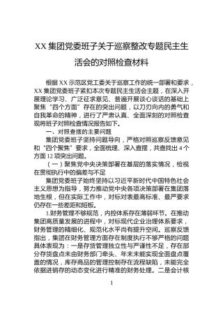 XX集团党委班子关于巡察整改专题民主生活会的对照检查材料