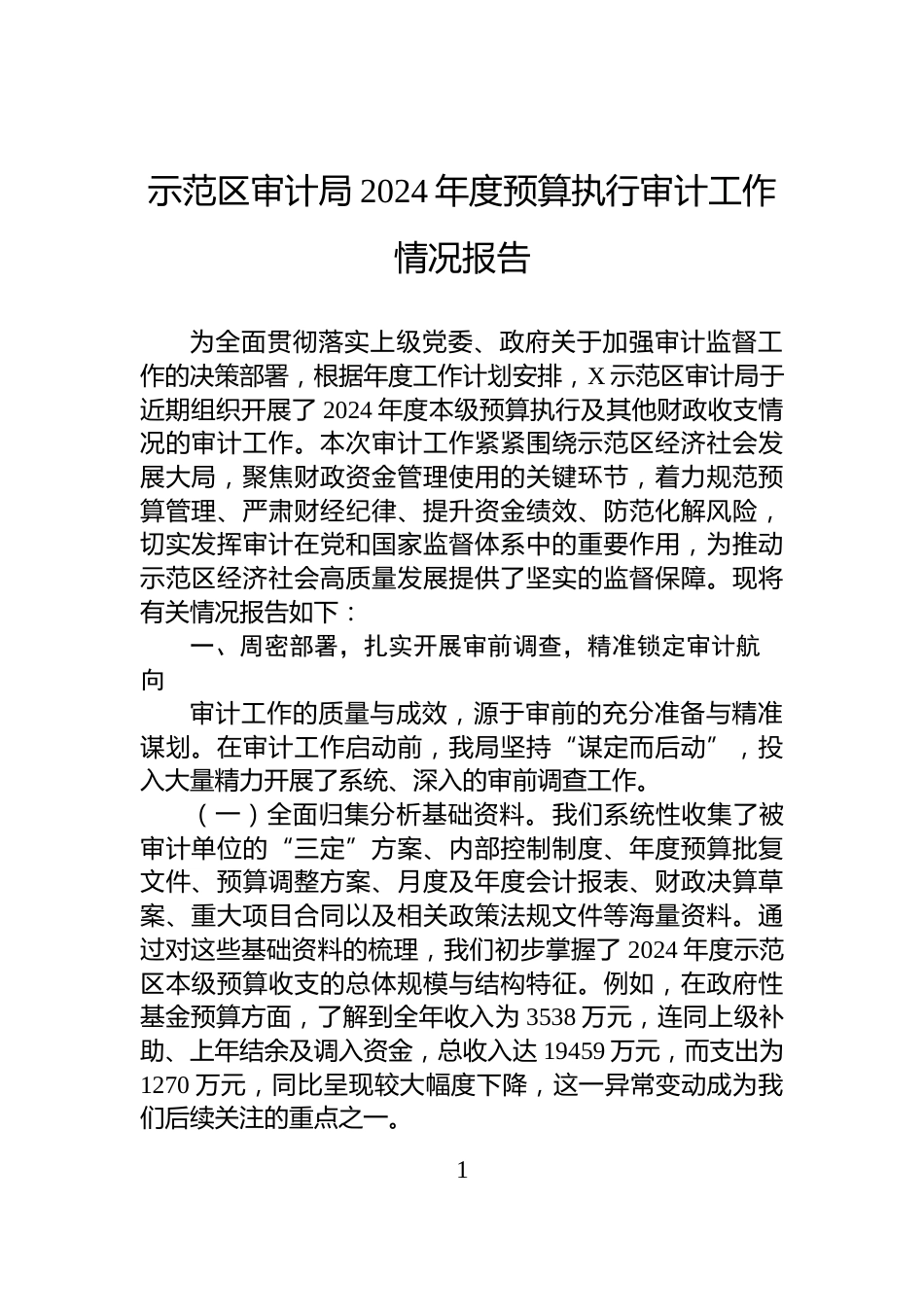 示范区审计局2024年度预算执行审计工作情况报告_第1页