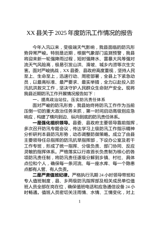 XX县关于2025年度防汛工作情况的报告