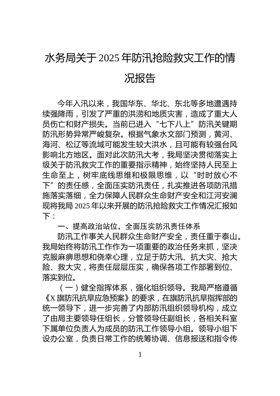 水务局关于2025年防汛抢险救灾工作的情况报告_第1页