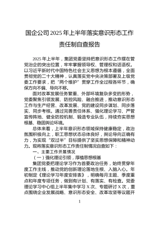 国企公司2025年上半年落实意识形态工作责任制自查报告