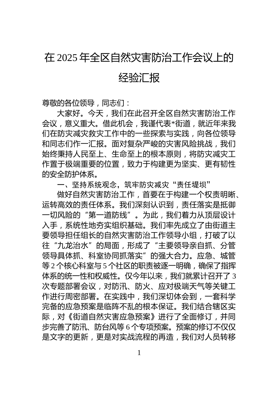 在2025年全区自然灾害防治工作会议上的经验汇报_第1页