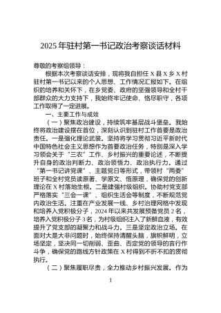 2025年驻村第一书记政治考察谈话材料