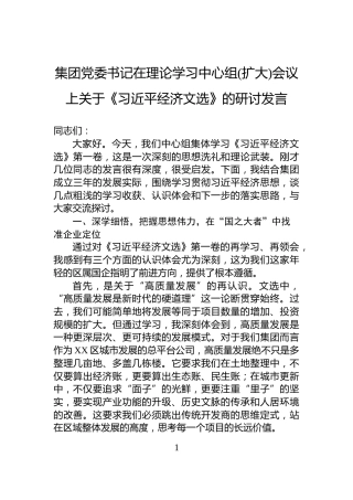 集团党委书记在理论学习中心组(扩大)会议上关于《习近平经济文选》的研讨发言