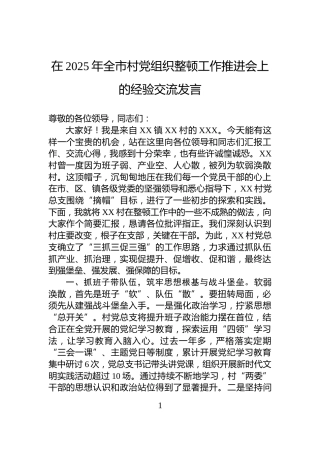 在2025年全市村党组织整顿工作推进会上的经验交流发言