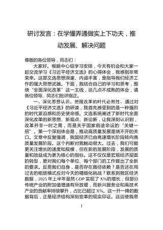研讨发言：在学懂弄通做实上下功夫，推动发展、解决问题