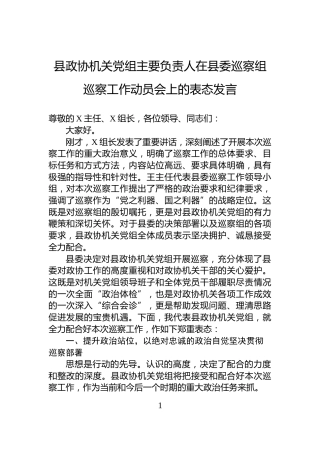 县政协机关党组主要负责人在县委巡察组巡察工作动员会上的表态发言