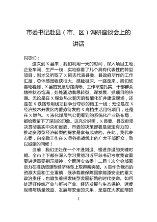 市委书记赴县（市、区）调研座谈会上的讲话
