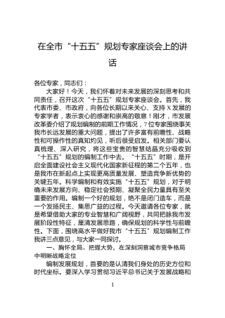 在全市“十五五”规划专家座谈会上的讲话