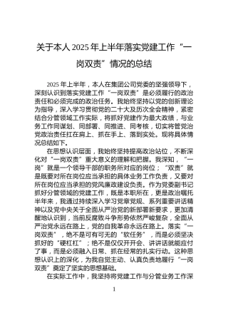 关于本人2025年上半年落实党建工作“一岗双责”情况的总结