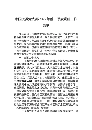 市国资委党支部2025年前三季度党建工作总结