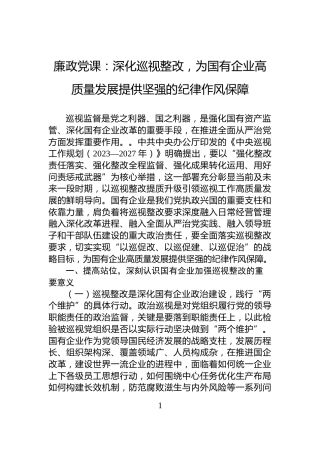 廉政党课：深化巡视整改，为国有企业高质量发展提供坚强的纪律作风保障