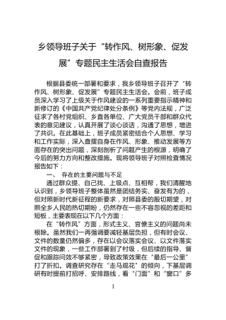 乡领导班子关于“转作风、树形象、促发展”专题民主生活会自查报告