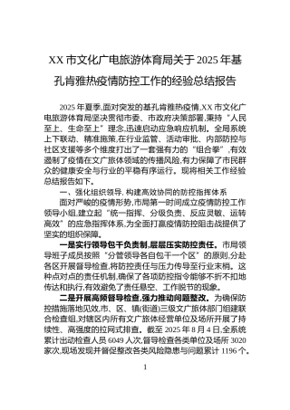 XX市文化广电旅游体育局关于2025年基孔肯雅热疫情防控工作的经验总结报告