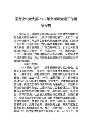国有企业党支部2025年上半年党建工作情况报告
