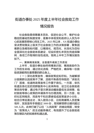 街道办事处2025年度上半年社会救助工作情况报告