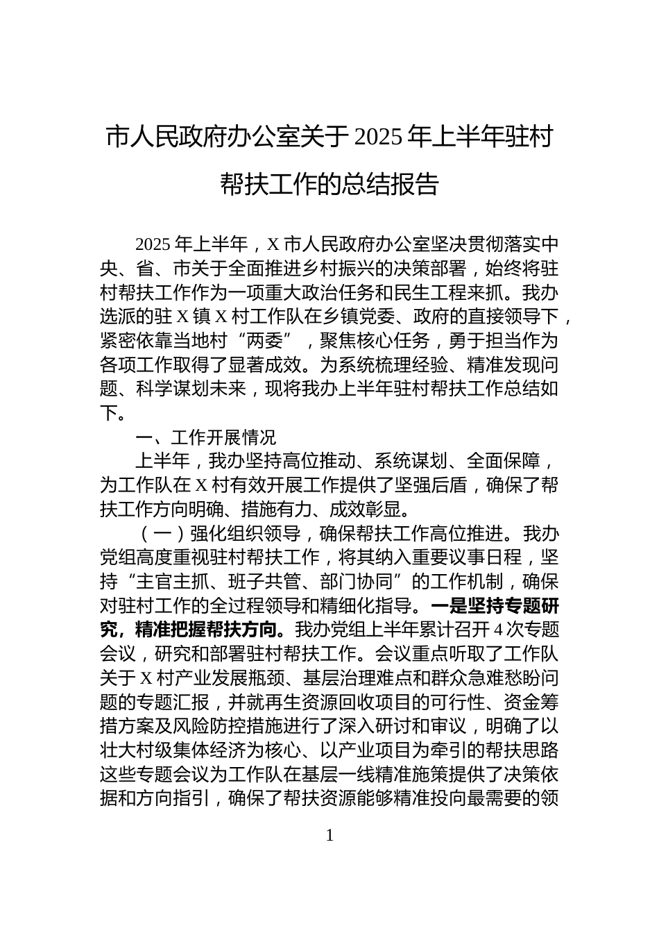 市人民政府办公室关于2025年上半年驻村帮扶工作的总结报告_第1页
