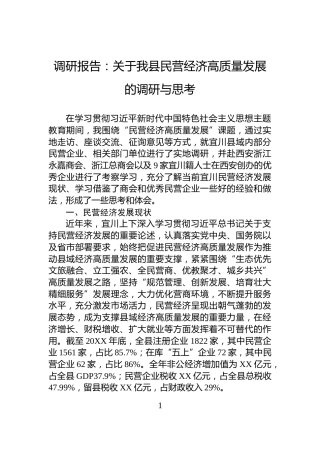 调研报告：关于我县民营经济高质量发展的调研与思考