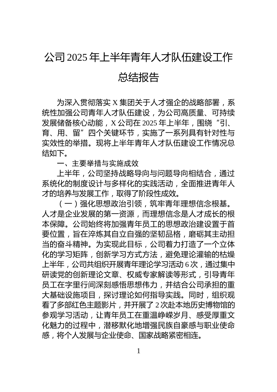 公司2025年上半年青年人才队伍建设工作总结报告_第1页