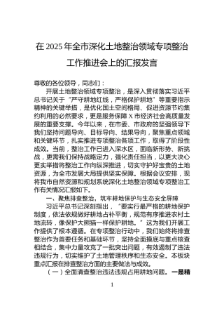 在2025年全市深化土地整治领域专项整治工作推进会上的汇报发言