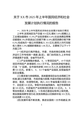 关于XX市2025年上半年国民经济和社会发展计划执行情况的报告