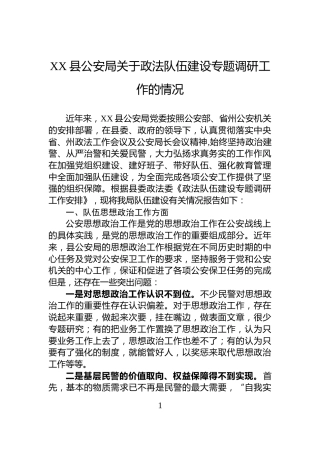 XX县公安局关于政法队伍建设专题调研工作的情况