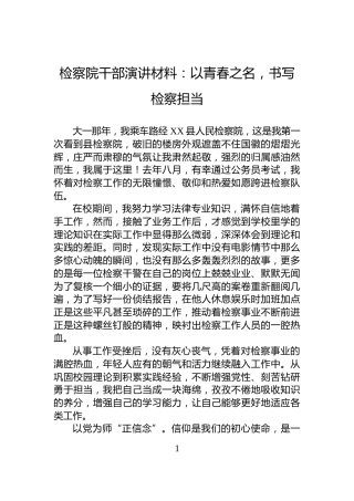 检察院干部演讲材料：以青春之名，书写检察担当