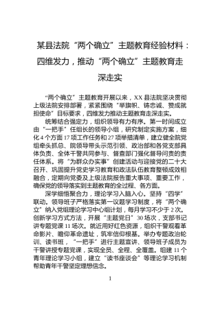 某县法院“两个确立”主题教育经验材料：四维发力，推动“两个确立”主题教育走深走实
