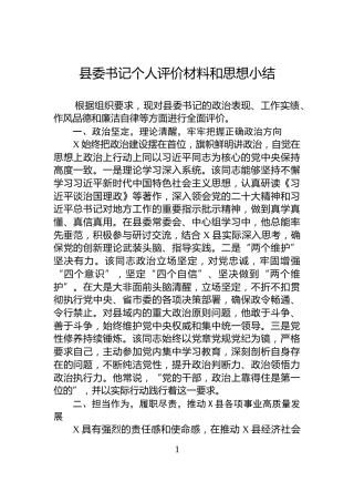 县委书记个人评价材料和思想小结
