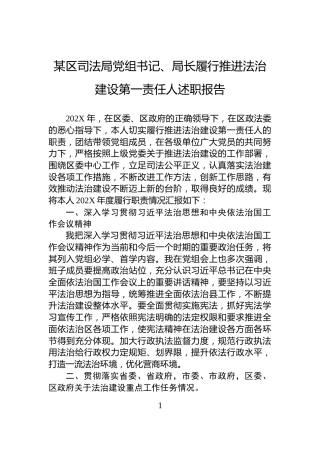 某区司法局党组书记、局长履行推进法治建设第一责任人述职报告