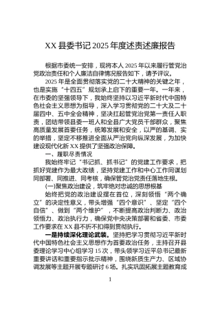 XX县委书记2025年度述责述廉报告
