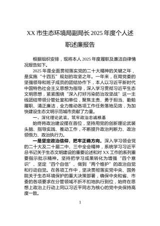 XX市生态环境局副局长2025年度个人述职述廉报告