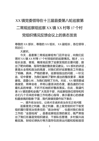 XX镇党委领导在十三届县委第八轮巡察第二常规巡察组巡察XX镇XX村等17个村党组织情况反馈会议上的表态发言
