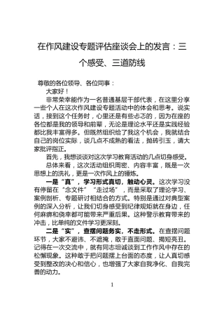 在作风建设专题评估座谈会上的发言：三个感受、三道防线