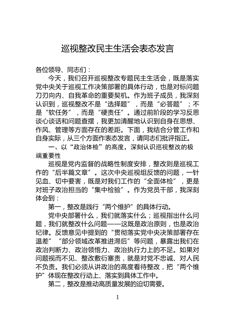 巡视整改民主生活会表态发言_第1页