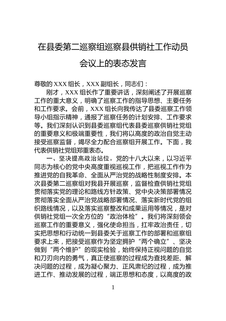 在县委第二巡察组巡察县供销社工作动员会议上的表态发言_第1页
