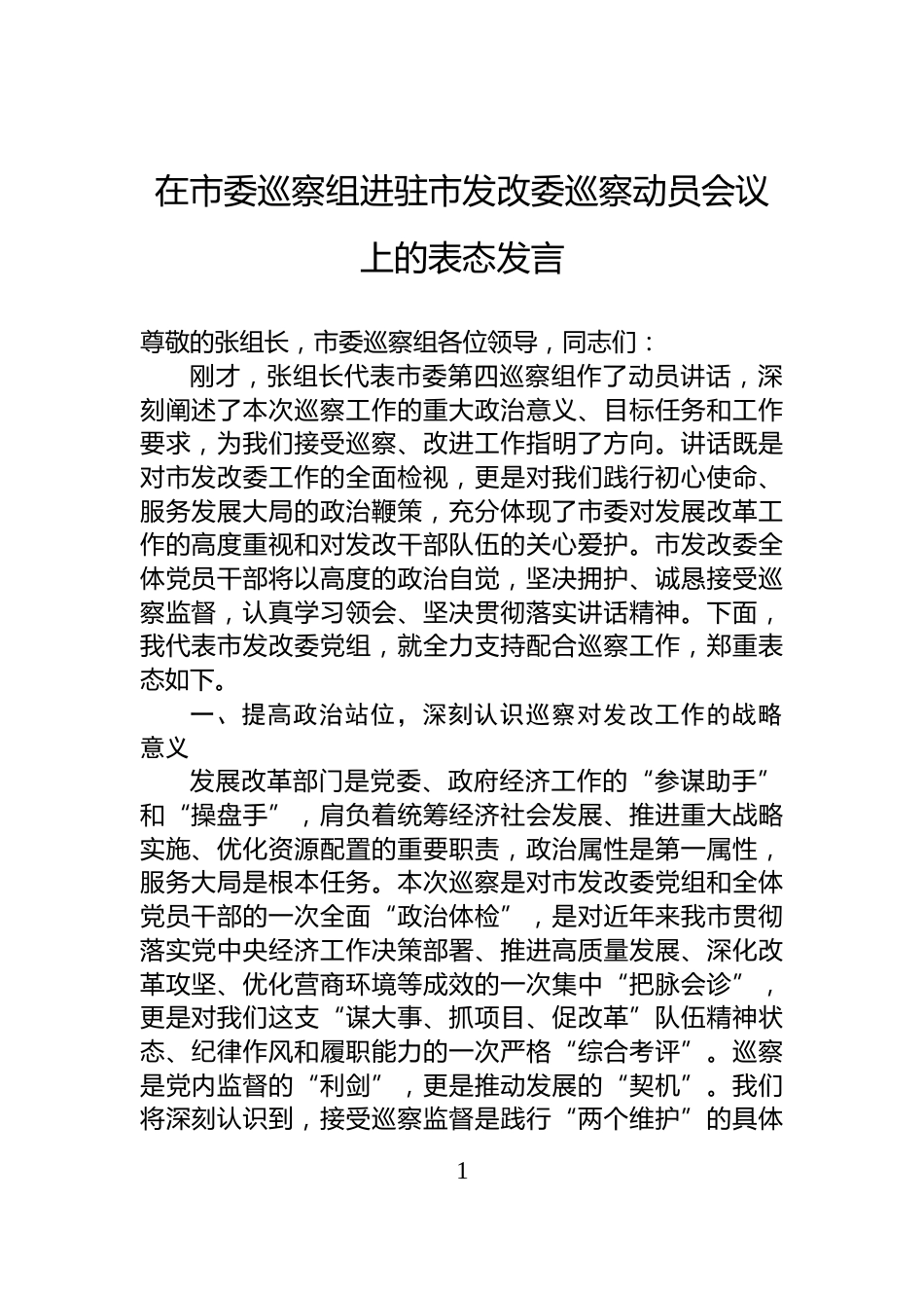 在市委巡察组进驻市发改委巡察动员会议上的表态发言_第1页