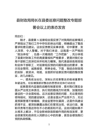 县财政局局长在县委巡察问题整改专题部署会议上的表态发言