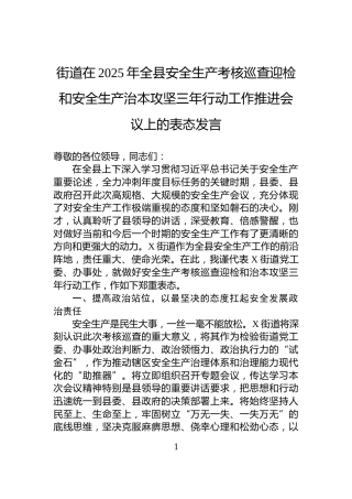 街道在2025年全县安全生产考核巡查迎检和安全生产治本攻坚三年行动工作推进会议上的表态发言