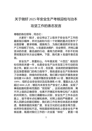 关于做好2025年安全生产考核迎检与治本攻坚工作的表态发言